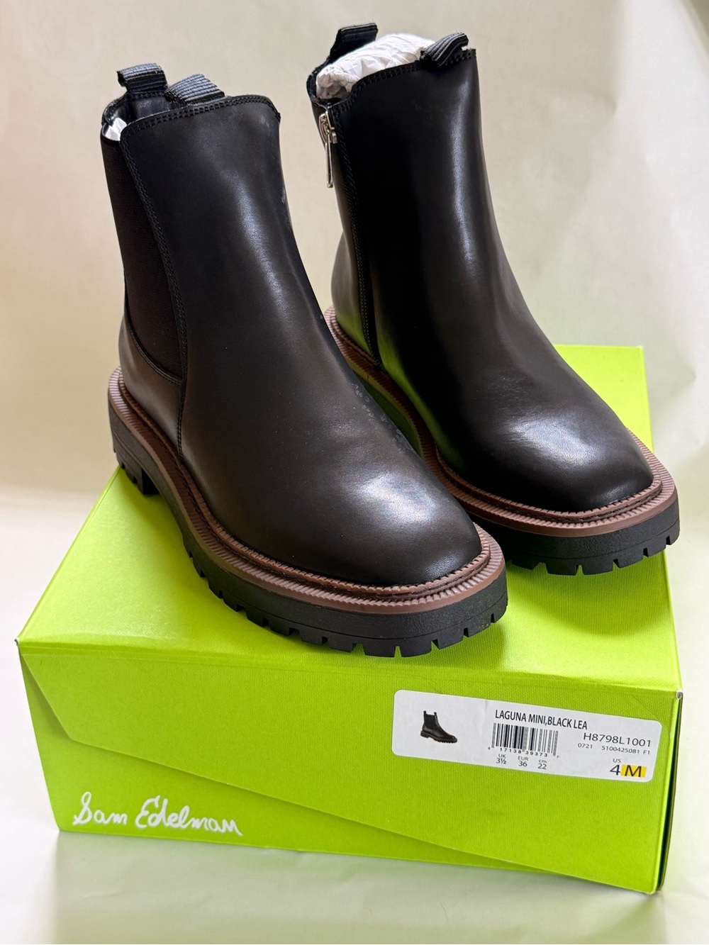 Sam Edelman Black Leather Lug Sole Chelsea Boots